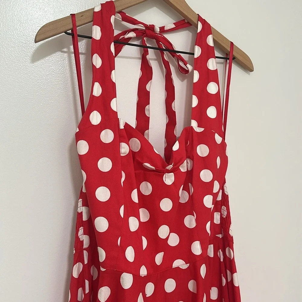 HELL BUNNY | Marian Red and White Polka Dot Halter Flare Vixen Pinup Party Dress - Picture 3 of 6